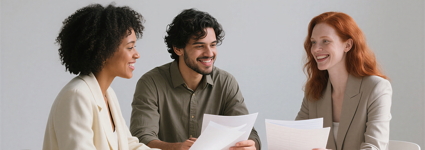 Three diverse professionals smiling and discussing documents together in a bright office setting.