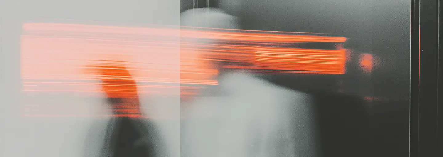 Abstract motion blur photo showing silhouettes with horizontal orange light streaks.
