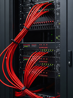 Server rack with multiple red Ethernet cables connected and organized with cable ties.
