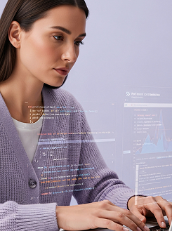Focused woman coding on a computer with digital data and code overlays visible around her.