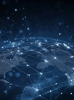 Digital globe with interconnected network nodes and glowing points across continents in dark blue tones.