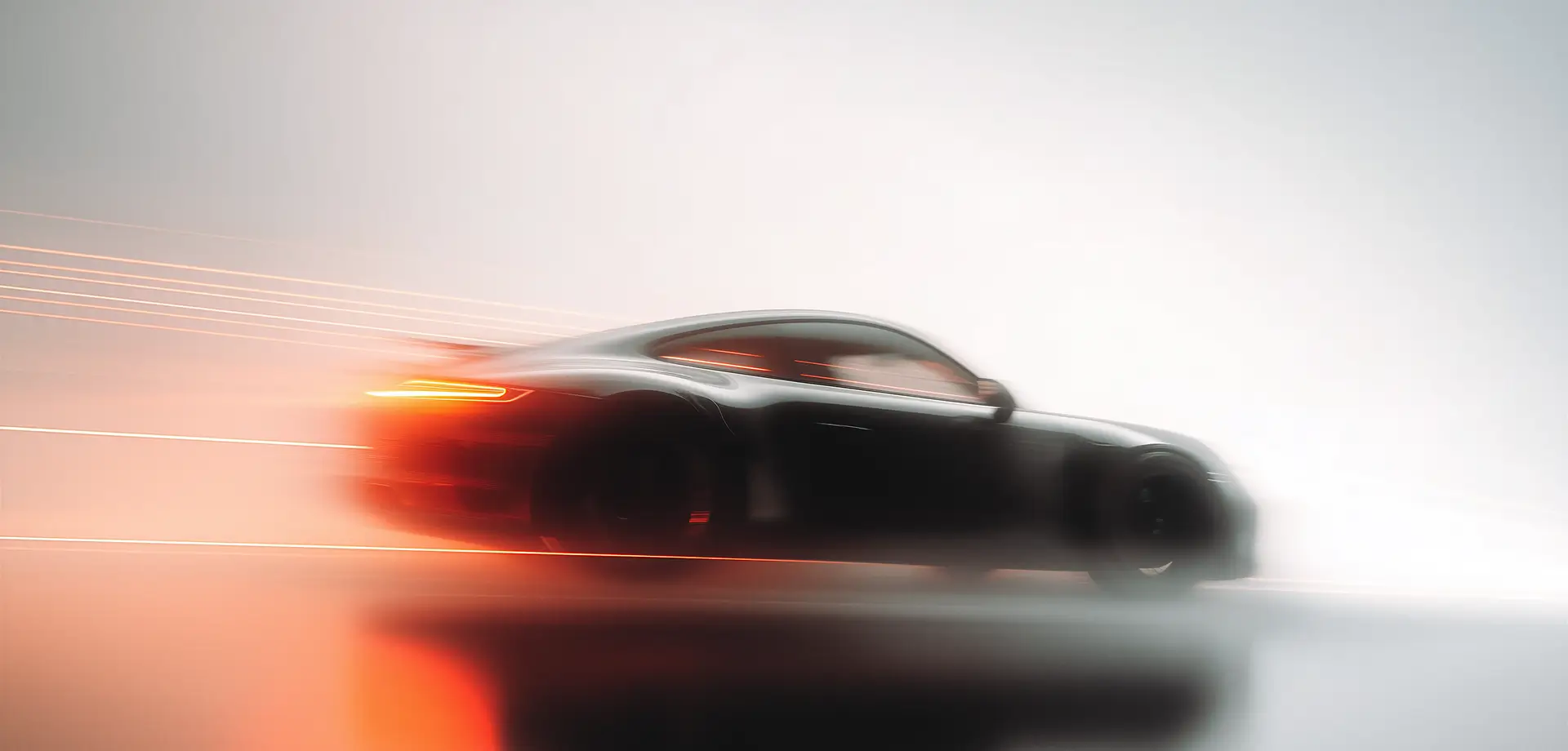 Black sports car speeding with glowing red tail lights and light streaks on a smooth surface.