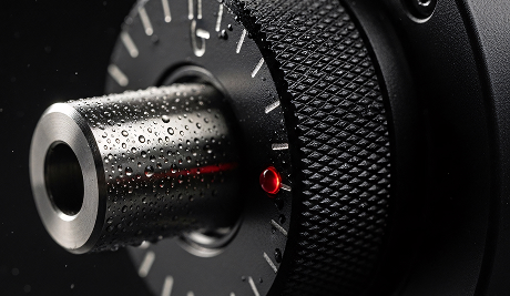 Close-up of a black metal dial knob with water droplets and a red indicator light.