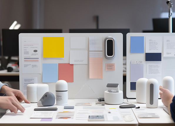 Workspace with design prototypes, color swatches, whiteboards, and hands interacting with objects.