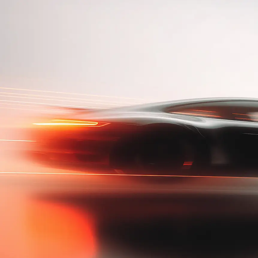 Blurred black sports car with glowing red tail lights speeding on a reflective surface.